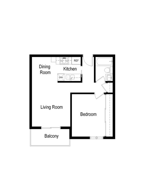Floor plan for 1 bed, 1 bath, 656 sqft